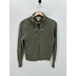 Woolrich Full Zip Sweater Women Medium Olive Green Ramie Cotton Lightweight Knit